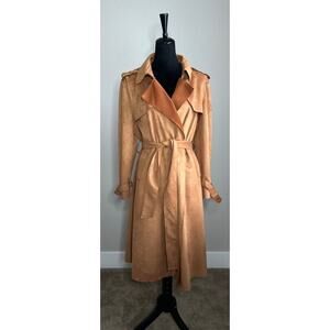 FEW MODA Faux Suede Long-Line Belted Camel Trench Coat Size L